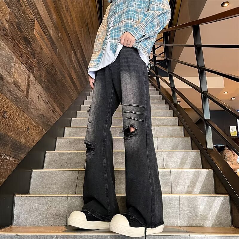 Vintage ripped jeans men's American high street straight trendy brand cool and versatile loose wide leg pants
