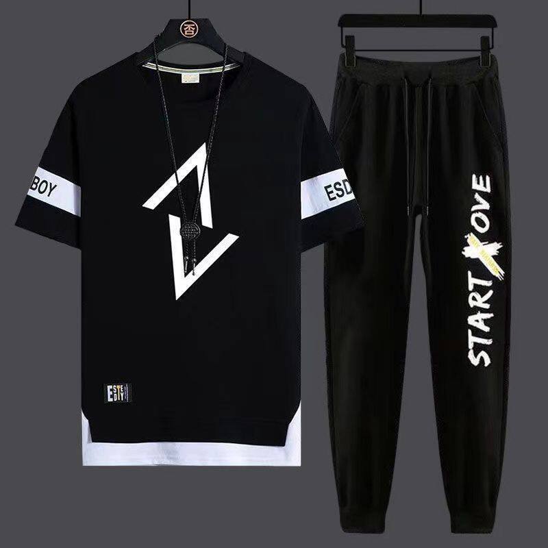 Two-piece Suit T Shirt for Men New Casual Sports Korean Version Loose Short-sleeved T-shirt Round Neck Pure Cotton Men's Trend
