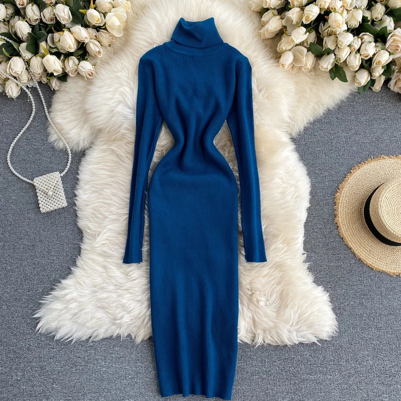 Dresses for Women Sexy Turtleneck Knitted Bodycon Dres Autumn Winter Long Sleeve Sweater Dress 240717