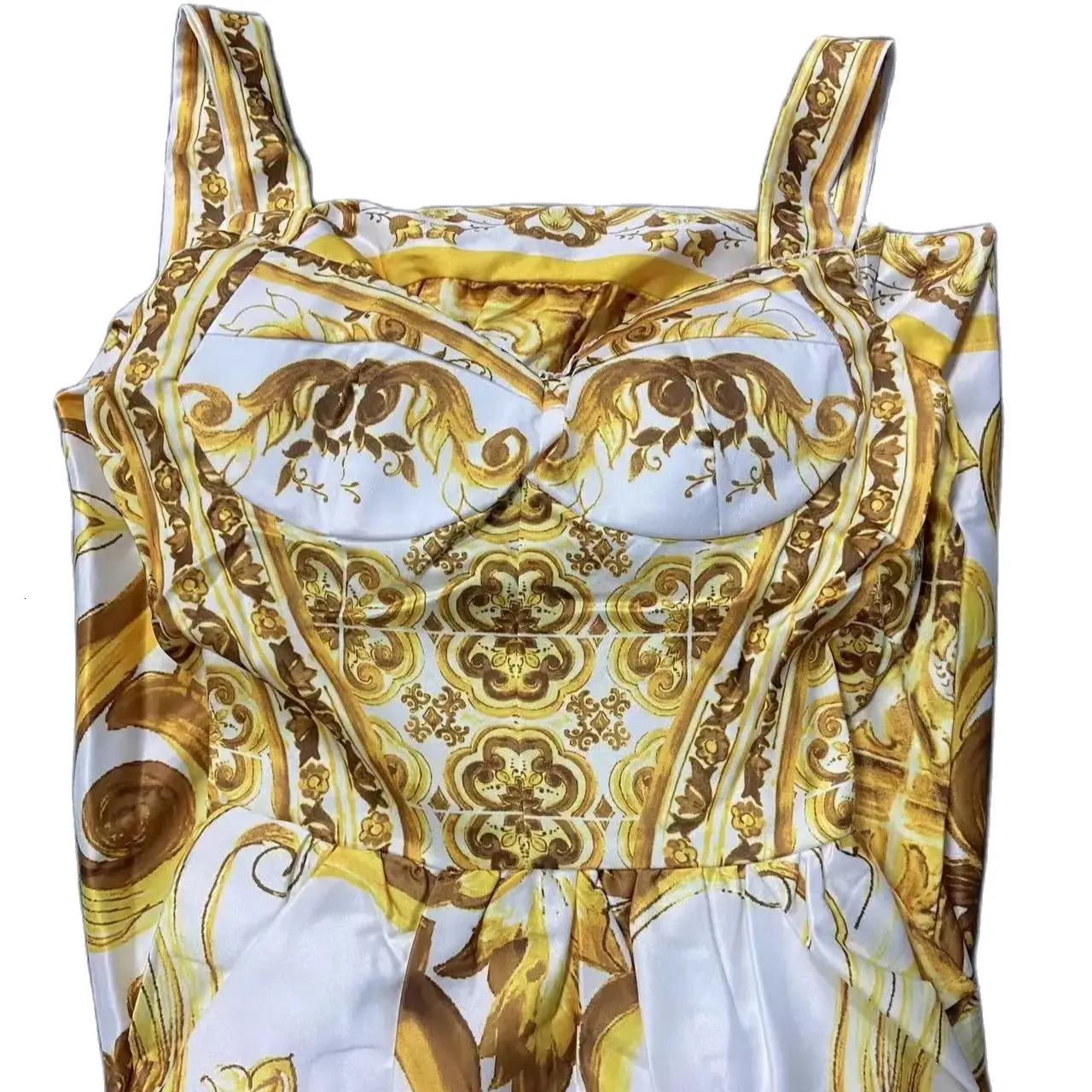 Runway Summer Holiday Maxi Dress Womens Spaghetti Strap V Neck Yellow Blue And White Porcelain Print Vacation Long Vestidos 240712