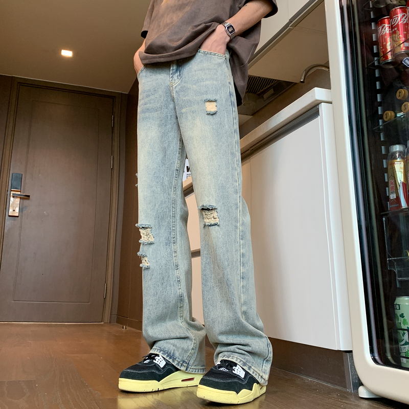 American style slightly spicy denim jeans men's perforated summer thin Vibe casual curved knife pants