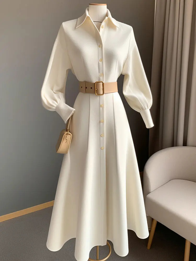 French long skirt Polo collar sleeved white dress for women in spring and autumn wedding dresses 240717
