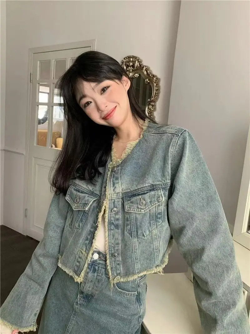 Women Denim Coat Skirt 2 Piece Sets Retro Tassel Outerwear Autumn Long Sleeve Jacket High Waist Jean Skirt Suits Female Outfits 240715
