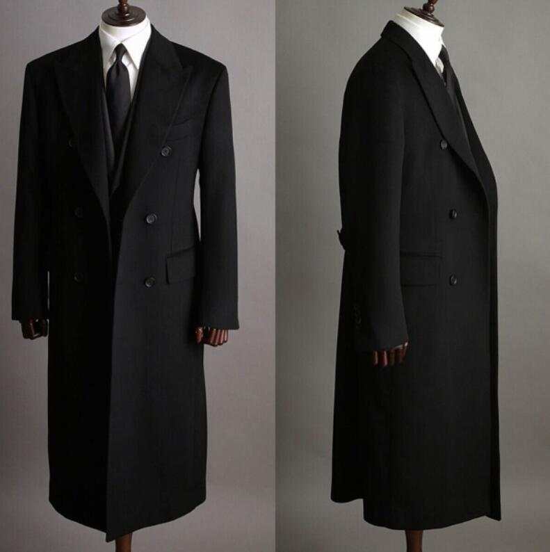 Formal Black Men Suits Thick Wool Custom Made Double Breasted Tuxedos Peaked Lapel Blazer Back Vent Business High Quality Popular Cheap Price Long Coa