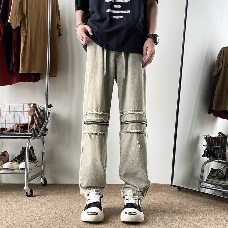 American style jeans with holes, ins high street knee zipper, Korean version spring and autumn straight leg pants, loose patch men's pants