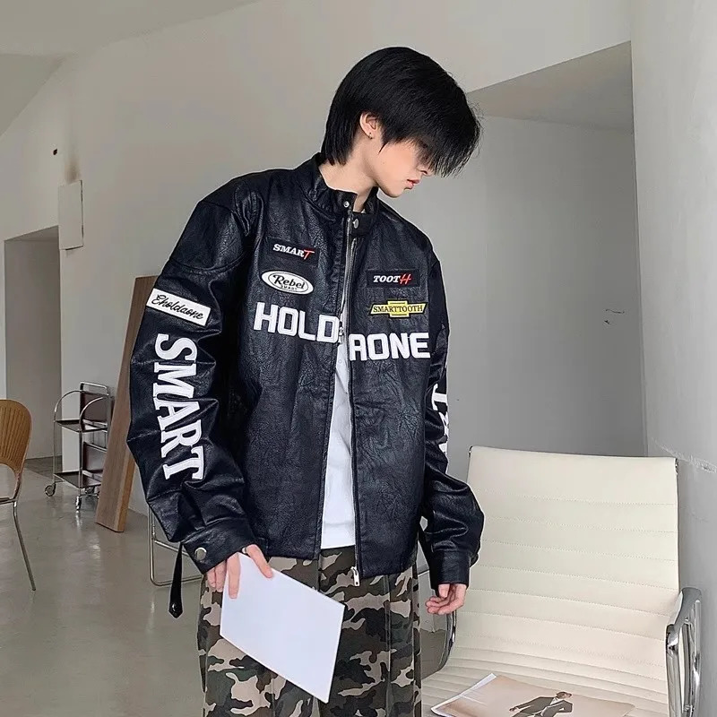 High Street PU Leather Jacket for Men Women Letter Embroidery Motorcycle Racing Baseball Jacket Vintage Y2k Bombers Coat 240715