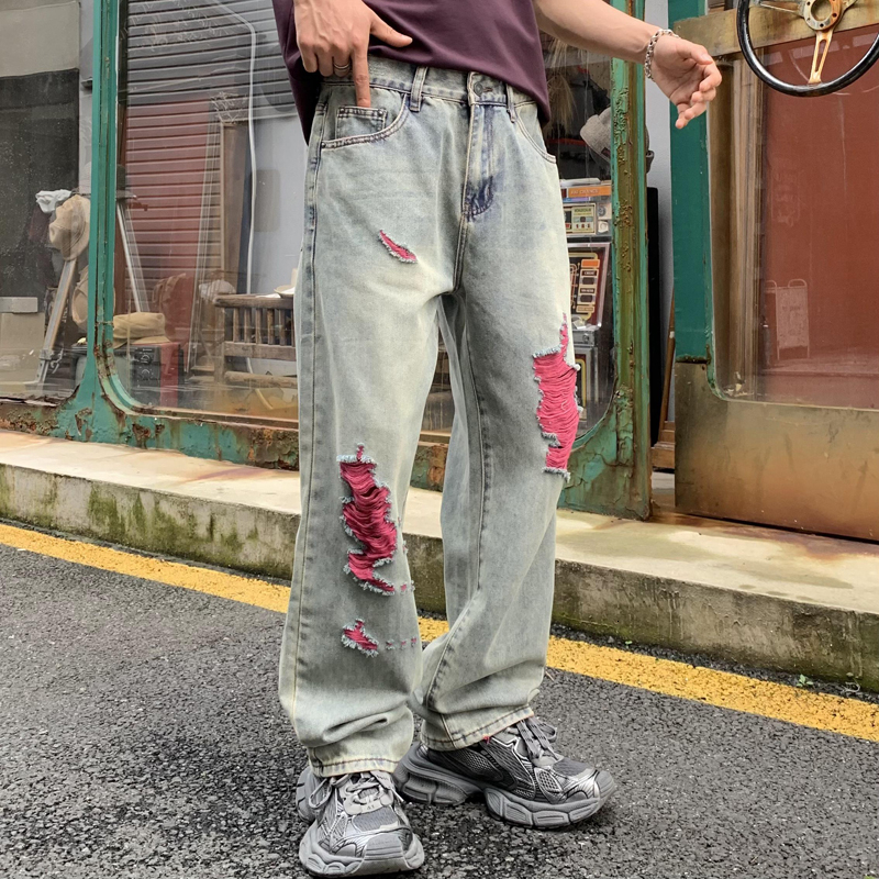 Washed jeans for men, American fashion brand ripped pants, trendy loose straight leg men's denim pants