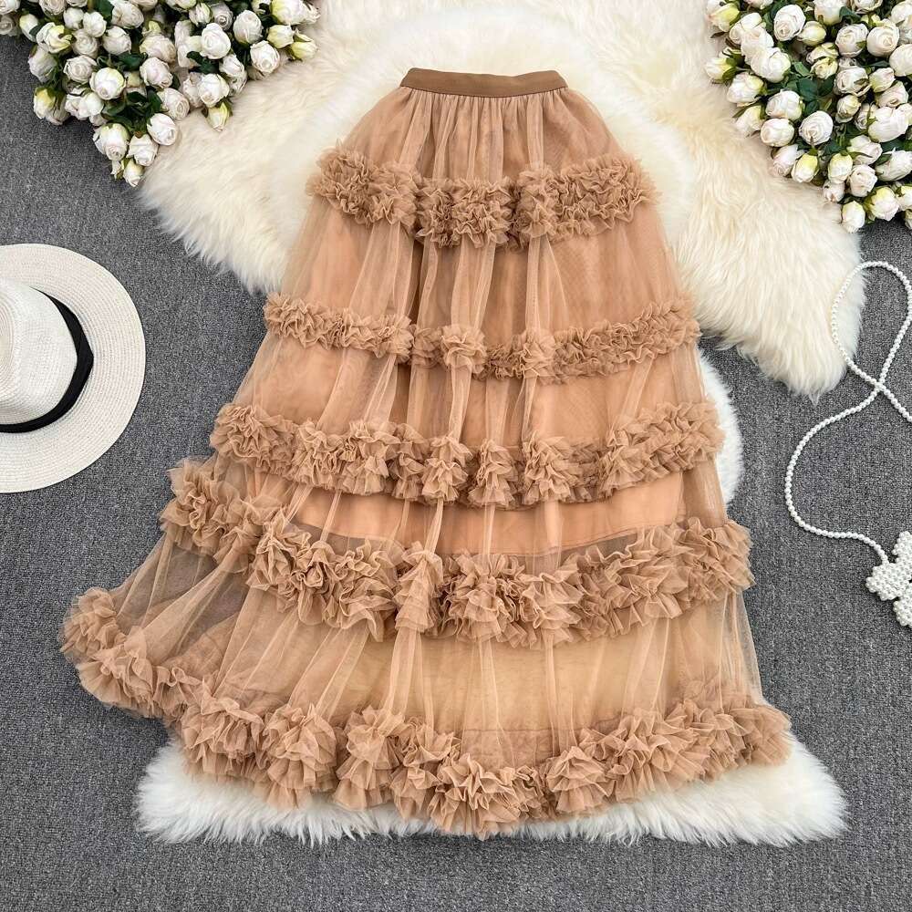 High Waisted Slimming Mesh with Elastic Band, Medium Length Over Knee, Irregular Wood Ear Edge, Super Fairy Cake Skirt for Women Sexy Temperament BOHO