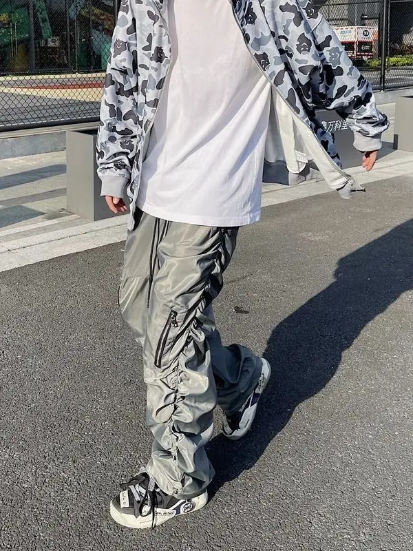 Functional Pleated Pocket Cargo Pants Men Y2K High Street Retro Street Hip Hop Loose Fashion Trend Straight Leg Pants 240708