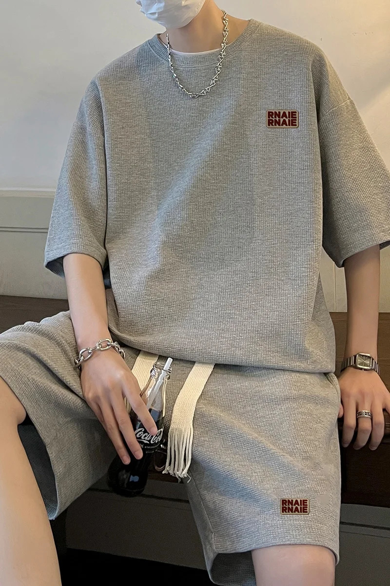 Men Short Sleeve T Shirt Shorts 2 Pcs Sets Breathable Men Tracksuits Oversized T-shirts Suits solid color print Male Clothing 240715