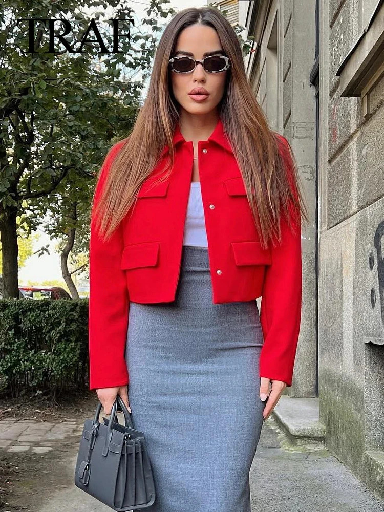 TRAF Women Fashion With Flaps Cropped Blazer Coat Female Vintage Long Sleeve Snapbutton Short Elegant Lady Tops 240715