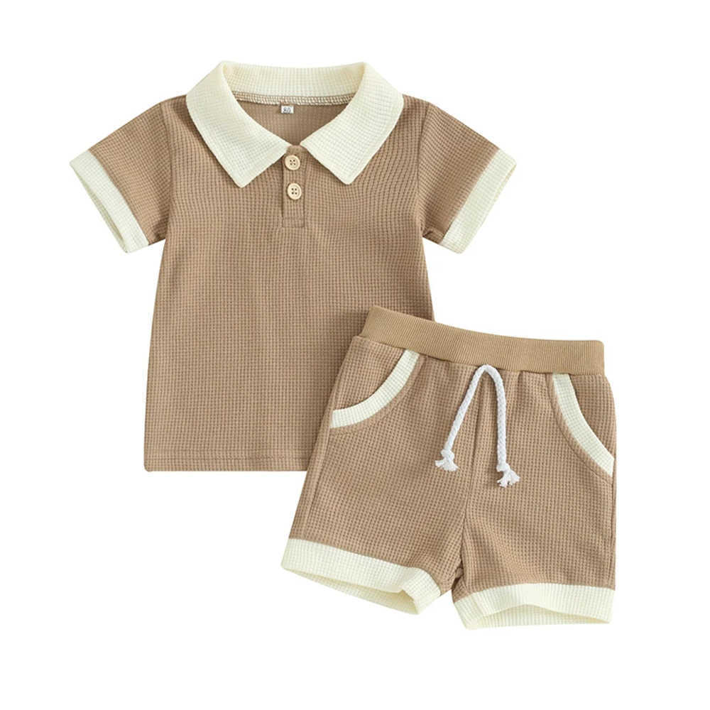 Clothing Sets Toddler Boys Summer Outfits Contrast Color Buttons Short Sleeve T-Shirts Waffle Tops Elastic Waist Shorts 2Pcs Clothes Set WRPM
