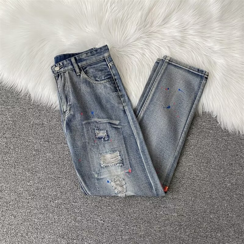 Jeans, men's trendy brand, slim fit, small feet, American high street, handsome, graffiti printed, ripped hole, spring and summer casual long pan