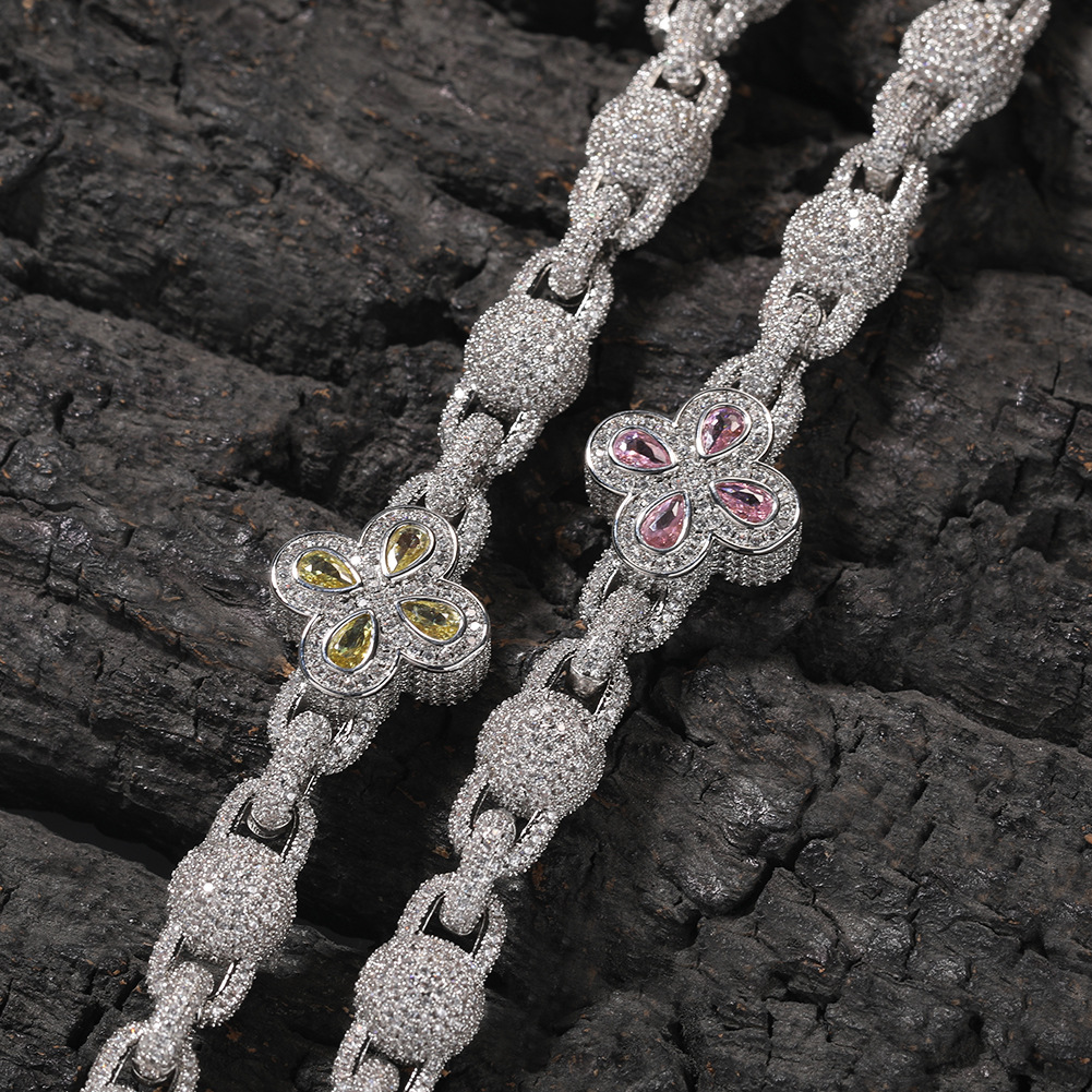 Hip Hop Flower Chain Necklace Bracelet 18K Gold Plated 5A Zircon Men Jewelry Set