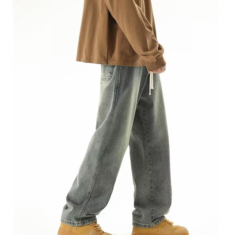Jeans 2023 new style American loose straight wide leg autumn and winter, trendy hanging pants for men