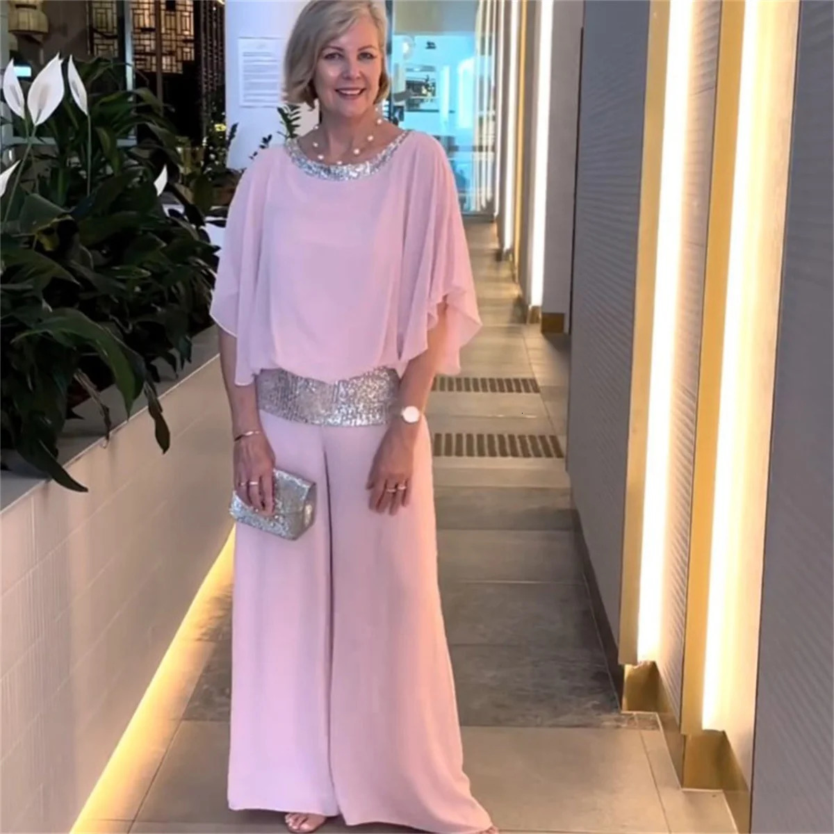 Fashion Sequined Pink Set For Women Elegant Office Lady Chiffon Suit Summer Casual Bat Sleeve Top Wide Leg Pants 2piece Sets 240716