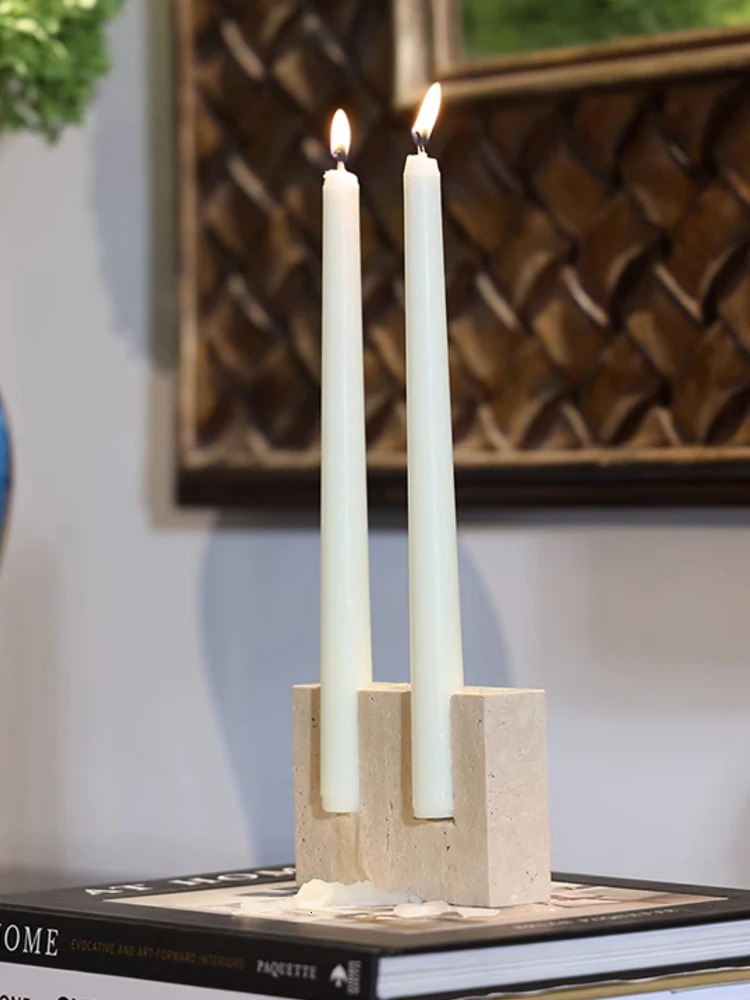 2 Holes Marble Candlestick Holder for Wedding Dinning Party Vintage Travertine Stone Taper Candle Table Centerpiece 240712