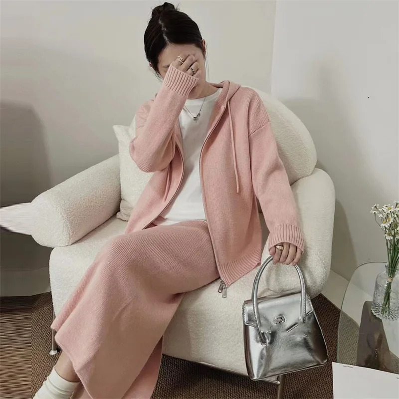 Korean Lazy Style Women Knitted Sweater Casual Set Autumn Winter Hooded Zipper Cardigan Tops Knitwear Long Skirt Two-piece Suit 240715