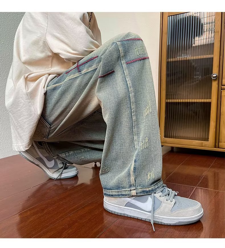 Jeans, leg, loose fitting, straight zipper, autumn youthful, trendy, versatile, washed men's pants