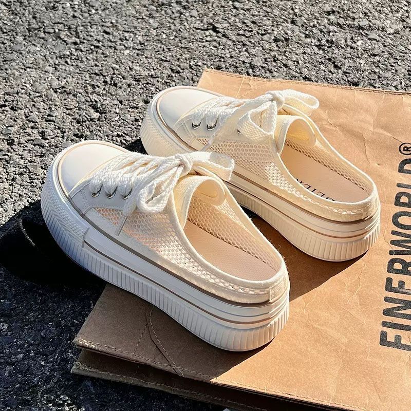 CCA-Limited Time Offer-Half Drag Summer Breathable Little White Woman 2023 One Pedal Canvas Shoes Niche Half Slippers XZ-2127