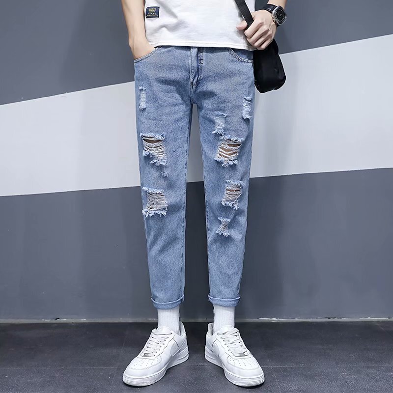 Summer thin cut ripped cropped jeans men's brand slim fit small footed beggar casual pants trendy and versatile