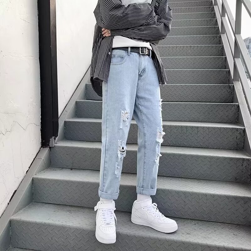 Ripped jeans men's spring trendy brand loose straight leg beggar American explosive street hooligan handsome pants