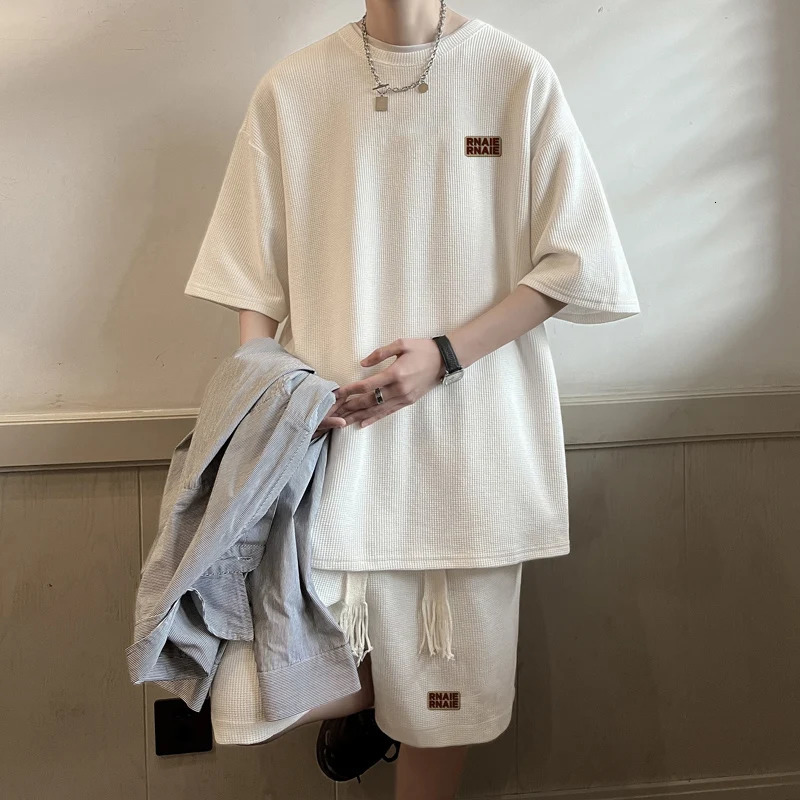 Men Short Sleeve T Shirt Shorts 2 Pcs Sets Breathable Men Tracksuits Oversized T-shirts Suits solid color print Male Clothing 240715