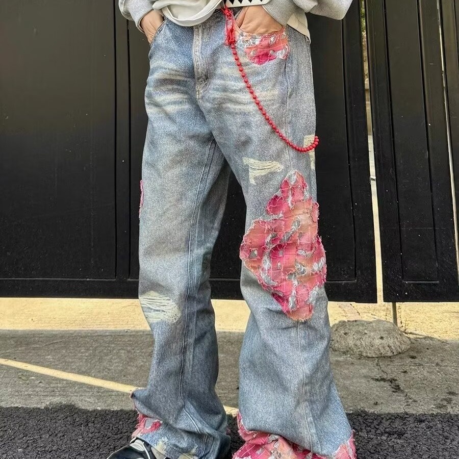 Cabbage Coke American Street High Rise Jeans Men's and Women's Micro Horn Printed Splicing Casual Pants