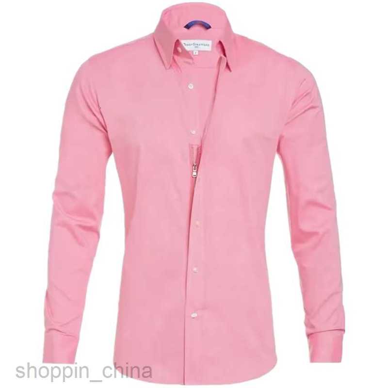 Mens Casual Shirts Men's zippered shirt hidden zipper fake button Oxford elastic cotton zipper lining tops