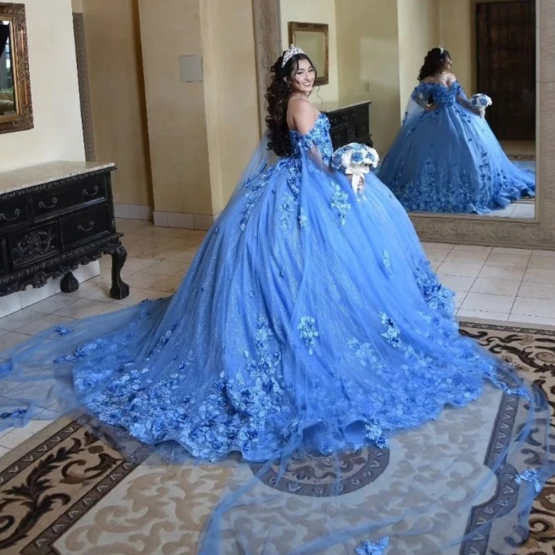 Sky Blue Shiny Quinceanera Dresses Princess Sweet 16 Years Girl Birthday Party Dresses Appliques Lace Beads With Cape Vestidos15
