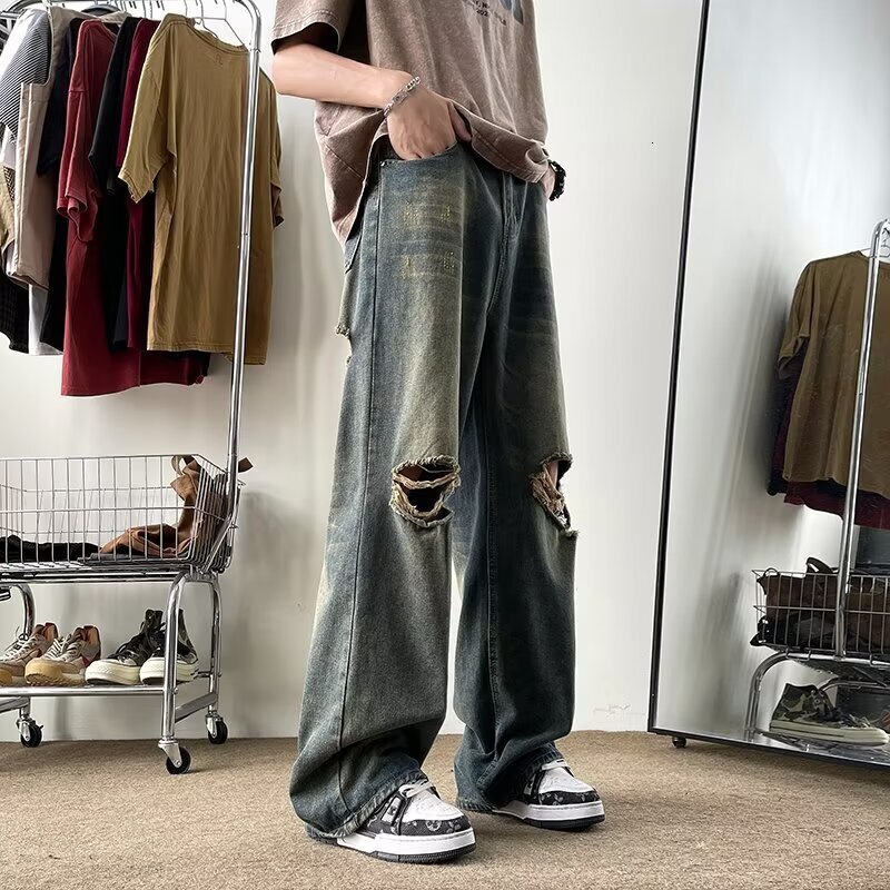Ripped jeans men's summer thin style American high street straight pants, rugged handsome, loose and wide leg long pants