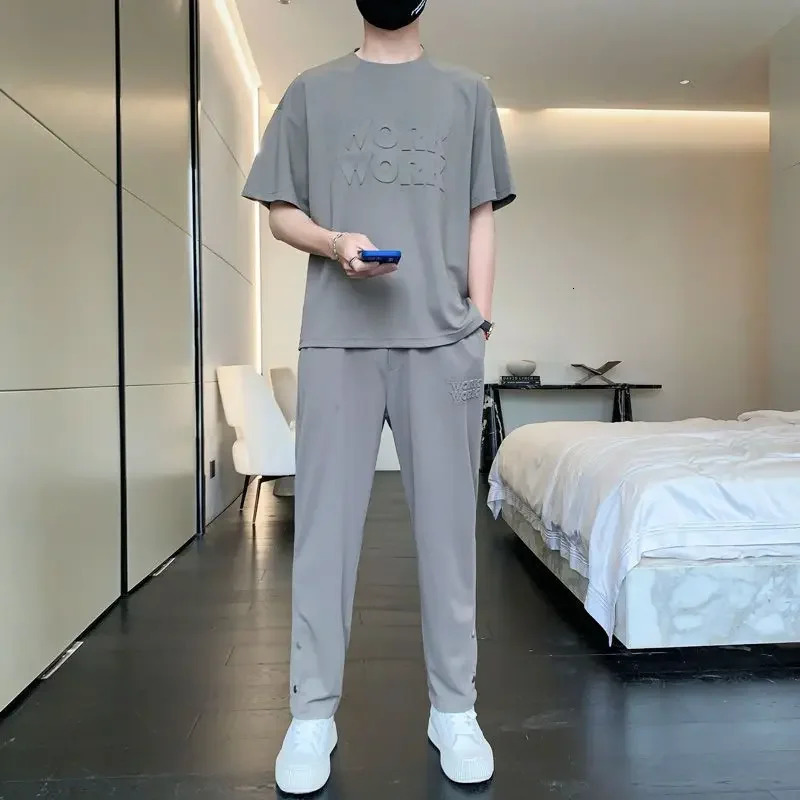 Top Alphabet Male T Shirt Jogging Sports Suits Plain Pants Sets Jogger Clothes for Men Grey Loose Tracksuit Fashion Stylish Chic 240715