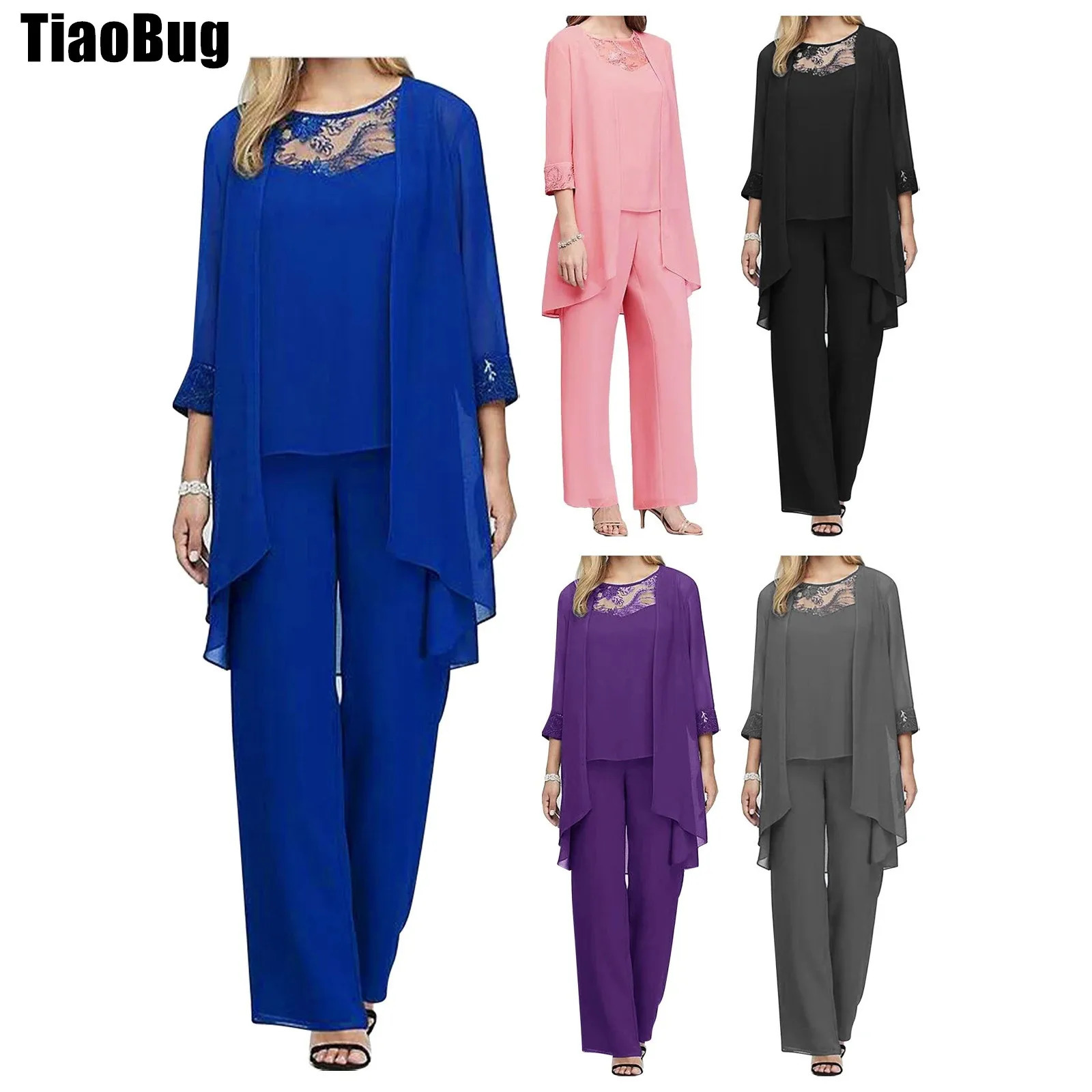 Women Cocktail Party Prom Suit Evening Lace Wedding Chiffon 3Piece Outfits Tank Tops Cardigan And Straight Pants 240716