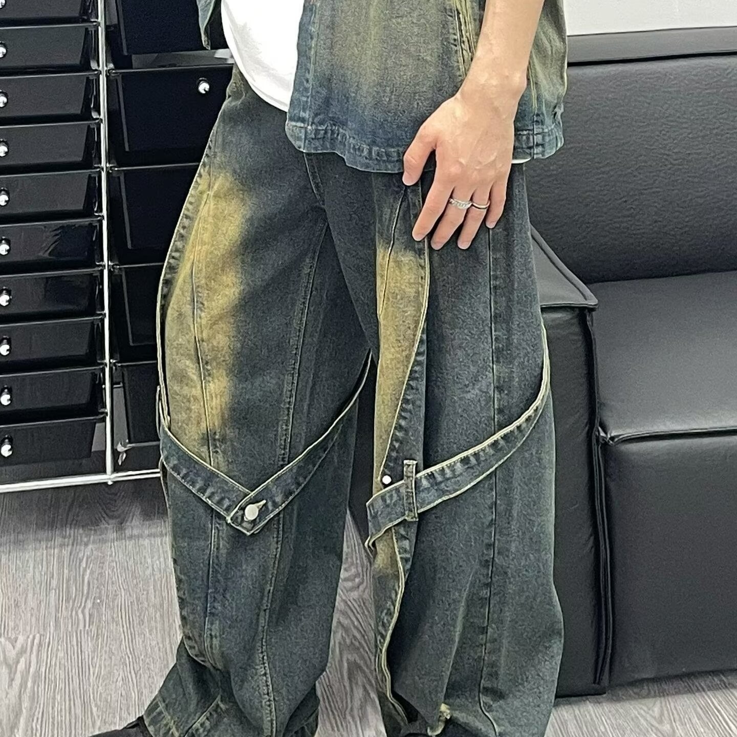High Trendy Washed Structure Strap Jeans with American Street Design Gradient Splicing Pants