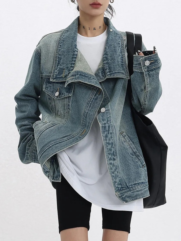Womens Denim Coat Turtleneck Single Breasted Full Sleeve Patchwork Versatile Jacke Fashion Autumn Streetwear Overcoat 240715