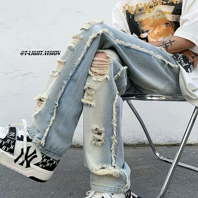 American style jeans for men, summer high ripped beggar pants, rugged and handsome, explosive street, slim fit straight leg pants
