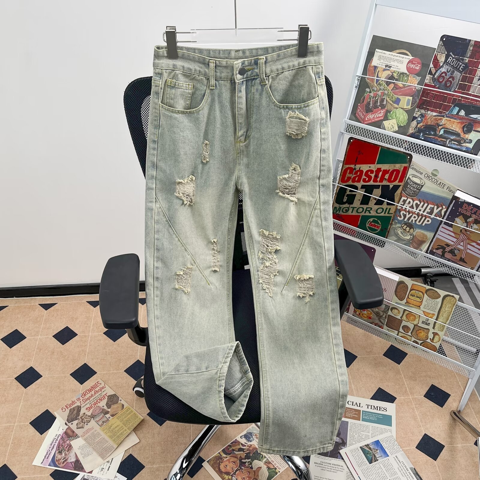Denim for men, thin design, high-end drape, trendy brand, high street wide leg, loose fit, large size, straight leg casual pants