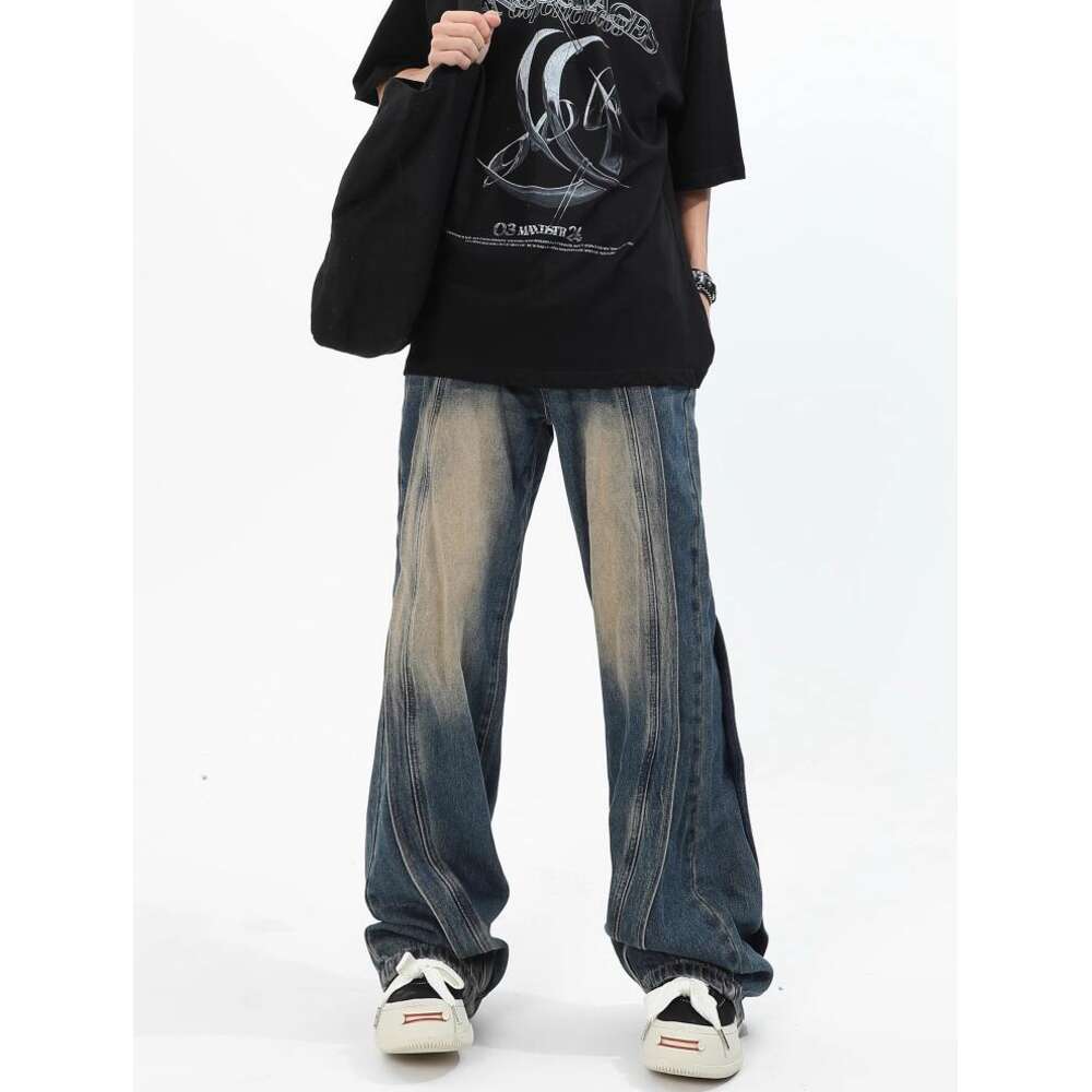 MaxDstr American style premium splicing jeans for women, loose high street wide hanging straight leg pants, long pants