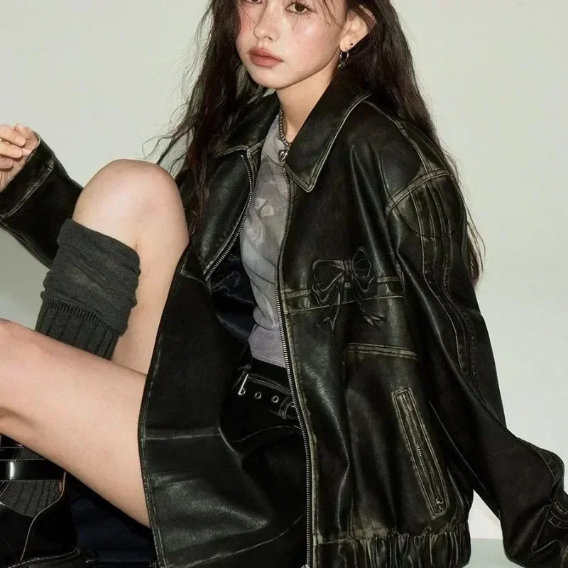 Deeptown Bow Motorcycle Leather Jacket Women Y2k Fashion Zipper PU Spring Coquette Top Sweet Personal Street Vintage Oversize 240715