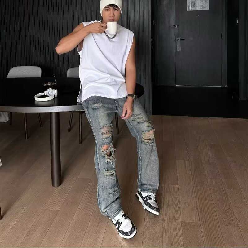 2024 new American high street distressed washed straight leg casual jeans men's pants