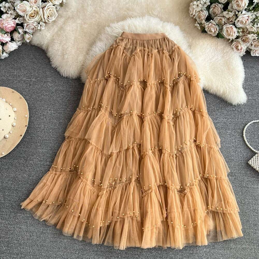 Elastic High Waisted Slimming Mid Length Nail Bead Mesh Lady Cake A-line Gauze Fluffy Skirt for Women Loose Waist Bifurcated Temperament Silk Dress De
