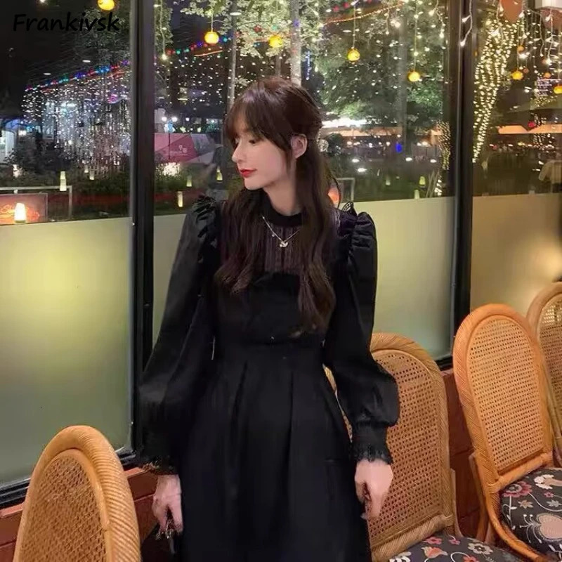 Dresses Women Mesh Teenagers Ins Tunic Fit Midcalf Korean Style Graceful High Street Slim Party Autumn Basic Harajuku Slouchy 240712