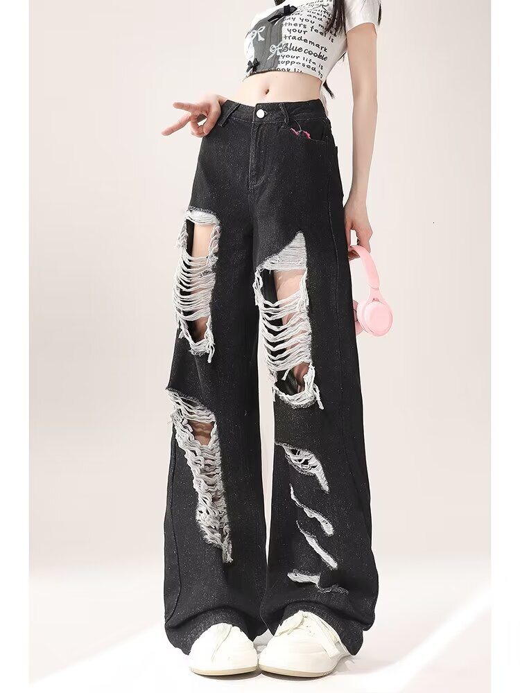 American washed distressed jeans, men's spring and autumn straight leg loose high street vibe style long pants