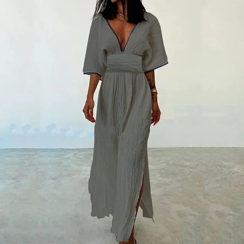 Women Vintage Solid Cotton Linen Dress Spring Deep Vneck Tunic Split Long Summer Batwing Sleeve Boho Maxi Dresses Vestido 240712
