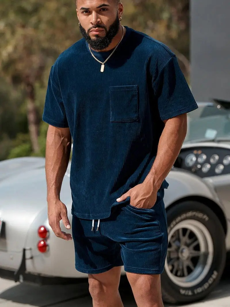 Summer Corduroy Tracksuit Mens Short Sleeve T-ShirtShorts 2 Piece Set Sports Suit Men Gyms Fitness Sportswear Male 240715