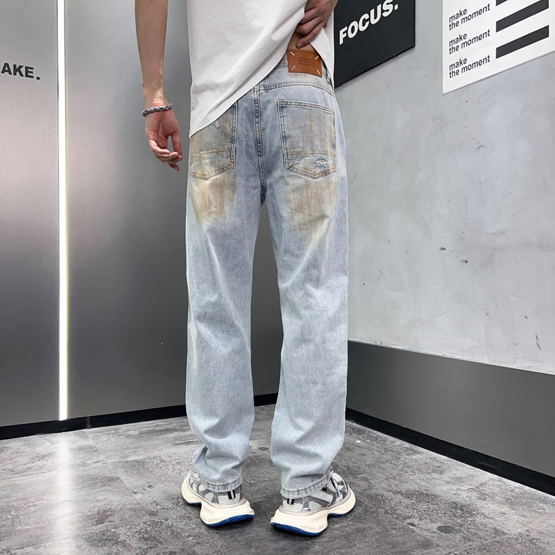 American fashion brand printed ripped jeans men's loose straight trendy wide leg pants