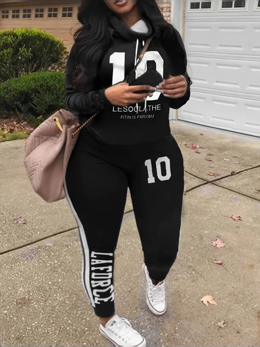 5XL LW Plus Size Autumn Winte Letter Print Regular Striped Long Sleeve Basic Sporty Fashionable Turtleneck Hooded Blue Pants Set 240709