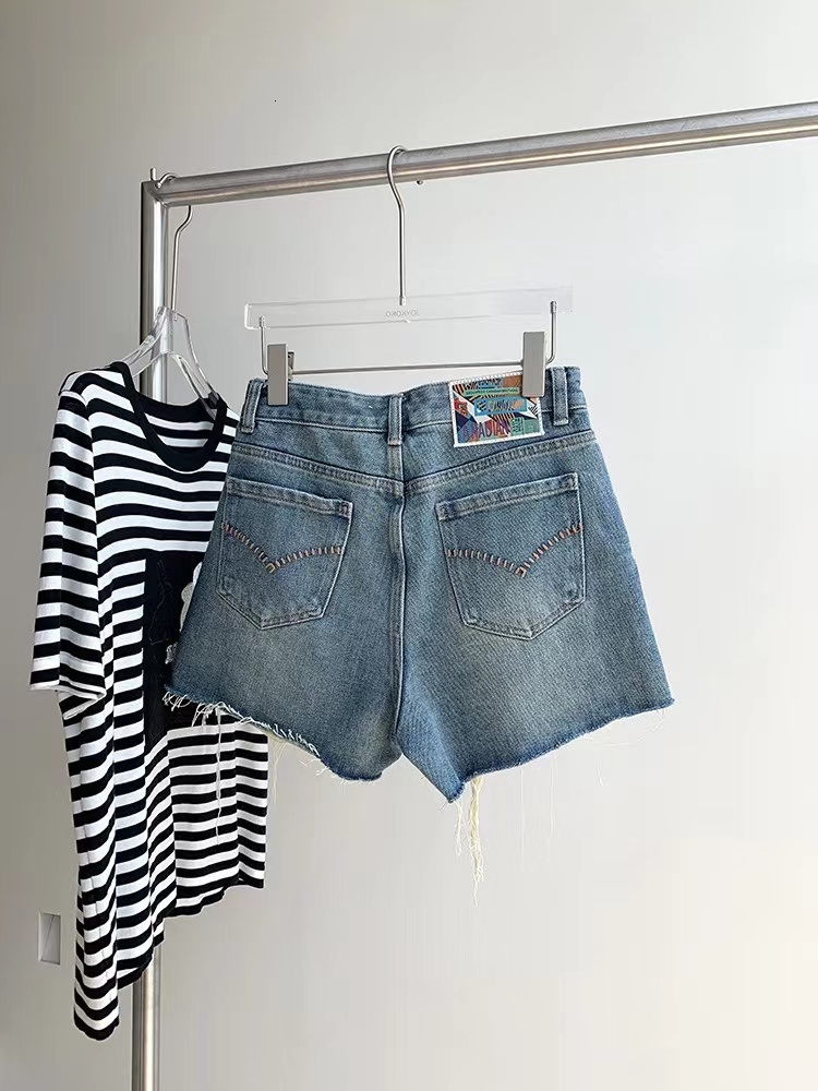 Canadian label light blue pure cotton high waisted washed with frayed edges, wide legs, A-line jeans, shorts, women's summer