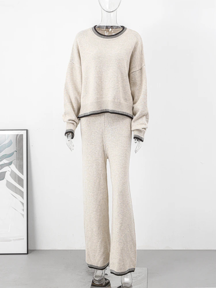 Knitted Long Women Pant Sets Oversized Patchwork Lady Sweater Pullover Suit Wide Leg Elastic Waist Elegant Female Top Set 240712