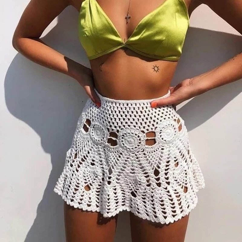 Handmade Crochet Womens Sexy Beach SkirtSolid ColorHollow Braided Tassel Womens Short SkirtFashion Swimsuit Bikini 240710